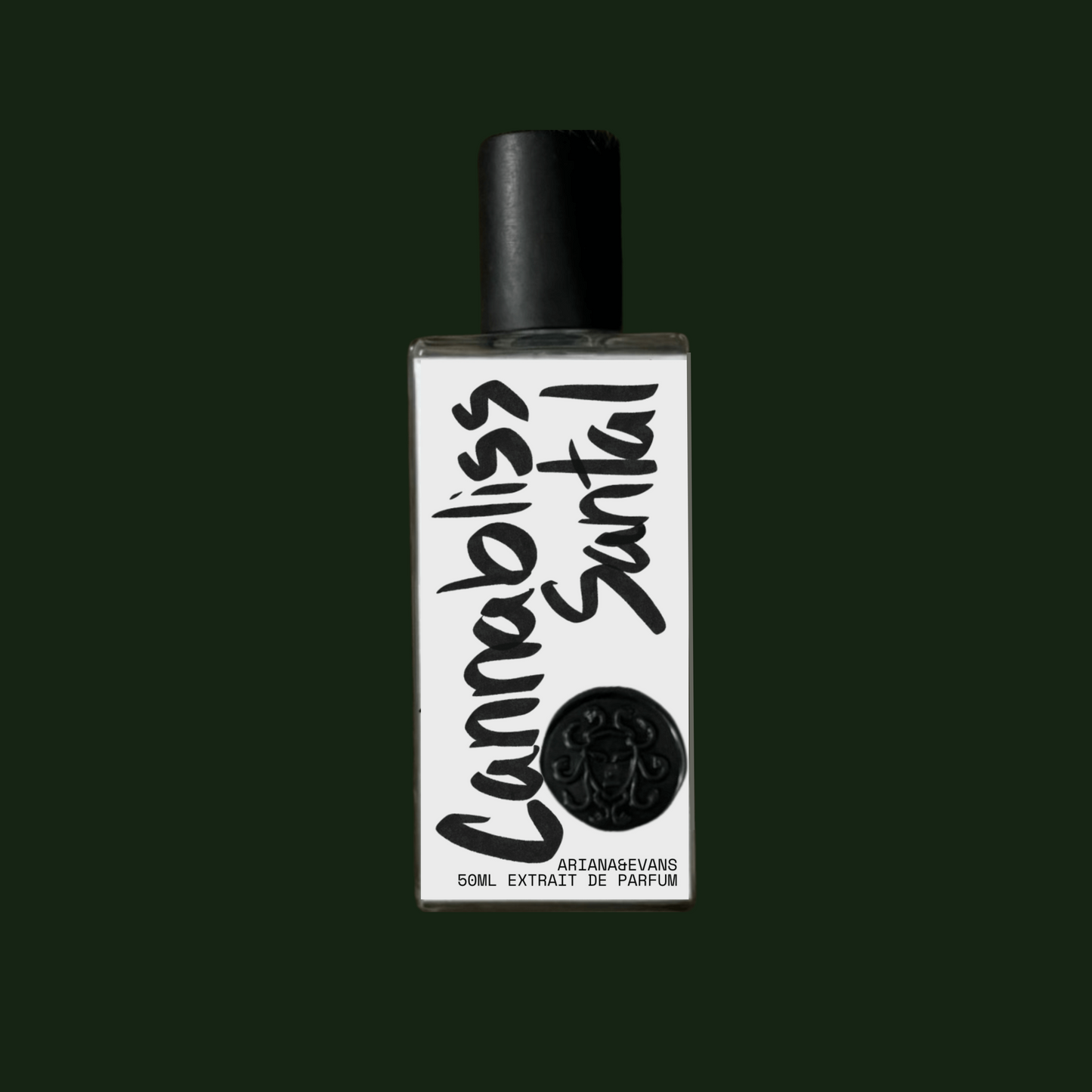 Cannabliss Santal perfume bottle on a green background. Niche fragrances