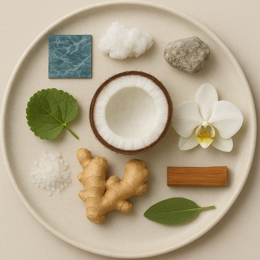 marine notes, ozone, mineral notes, violet leaf, fresh coconut, orchid, sea salt, ginger, sage, Indonesian Vetiver, sandalwood & cedar.
