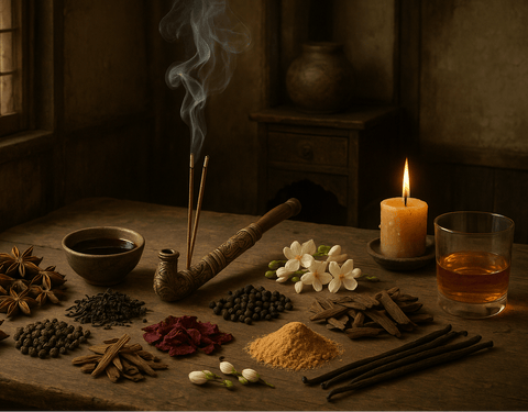 i need the small ornate pipe, burning incense and candle burning