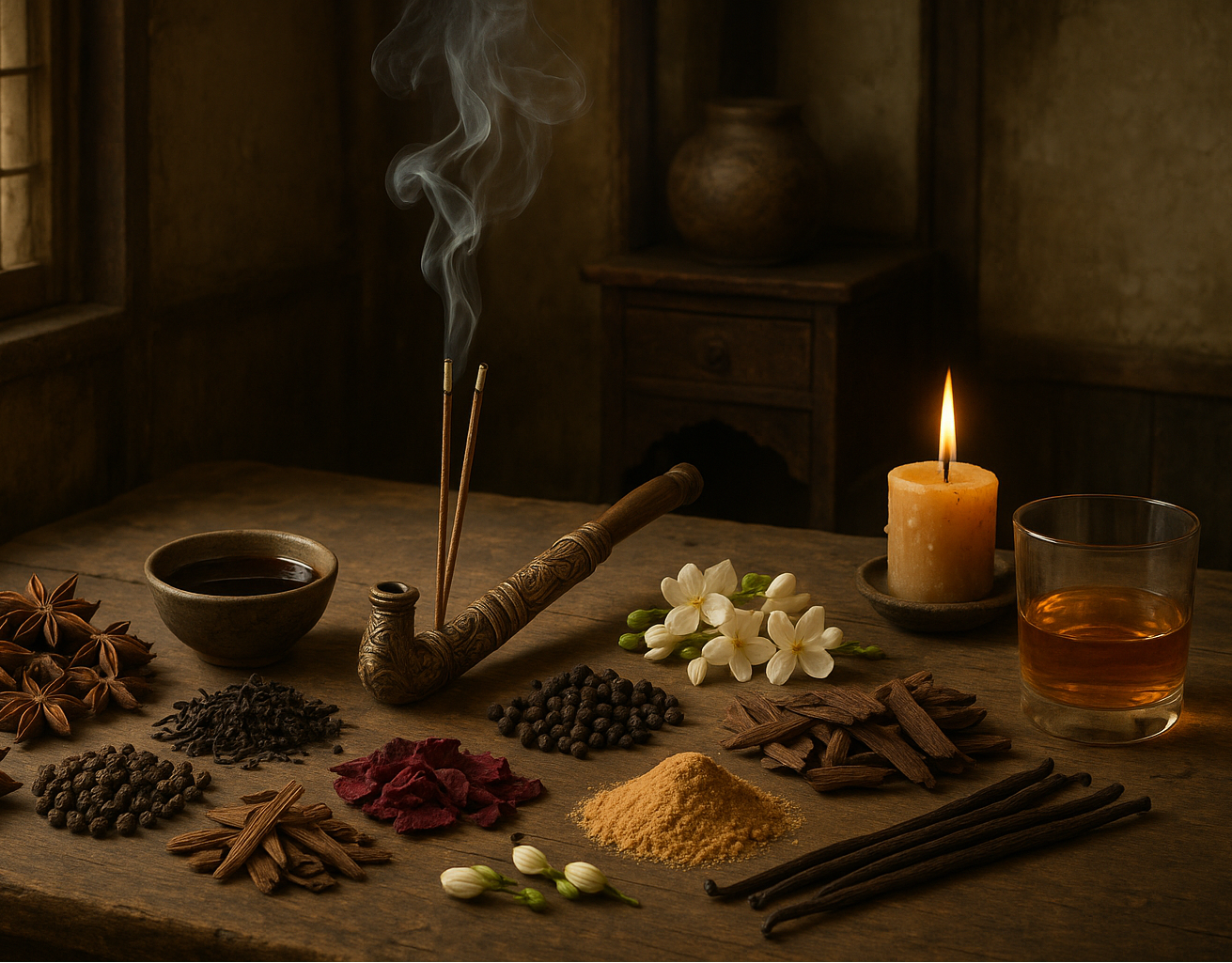 i need the small ornate pipe, burning incense and candle burning