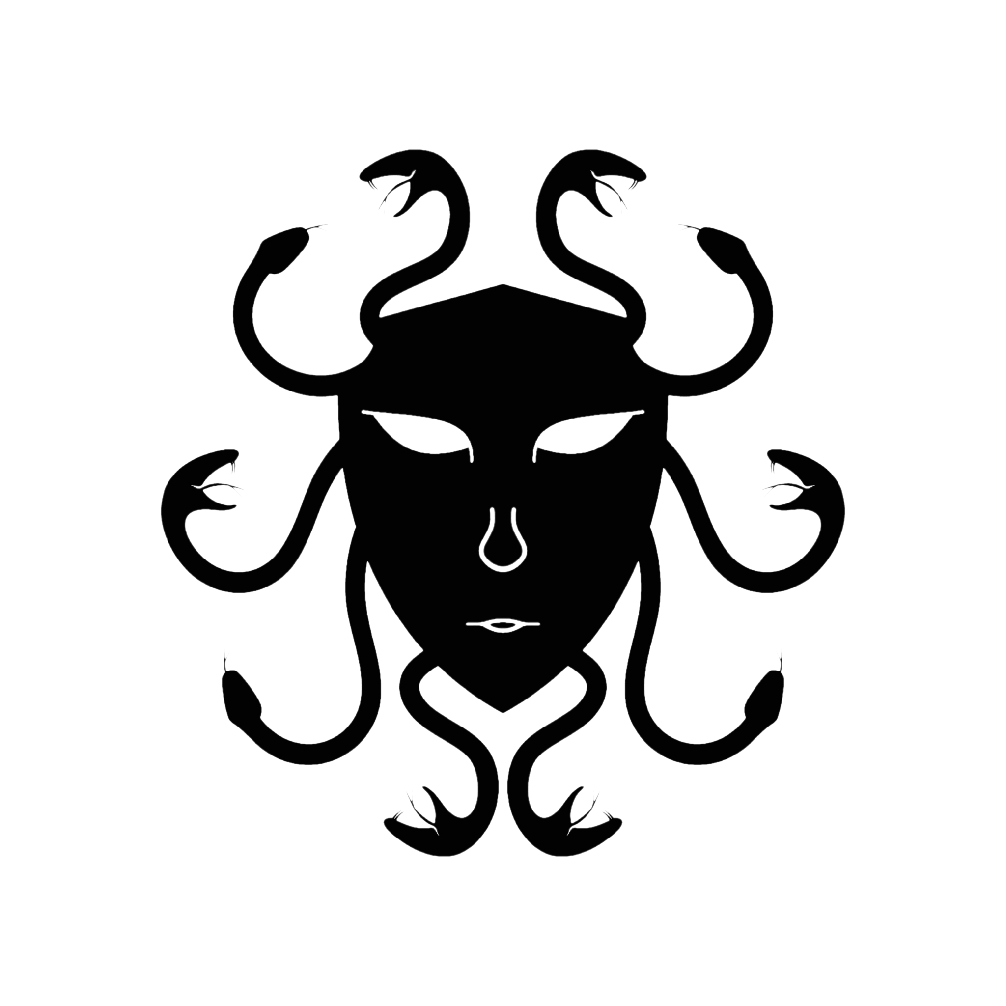 Stylized black silhouette of Medusa with snake hair, representing mythology and fascination.