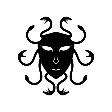Stylized black silhouette of Medusa with snake hair, representing mythology and fascination.
