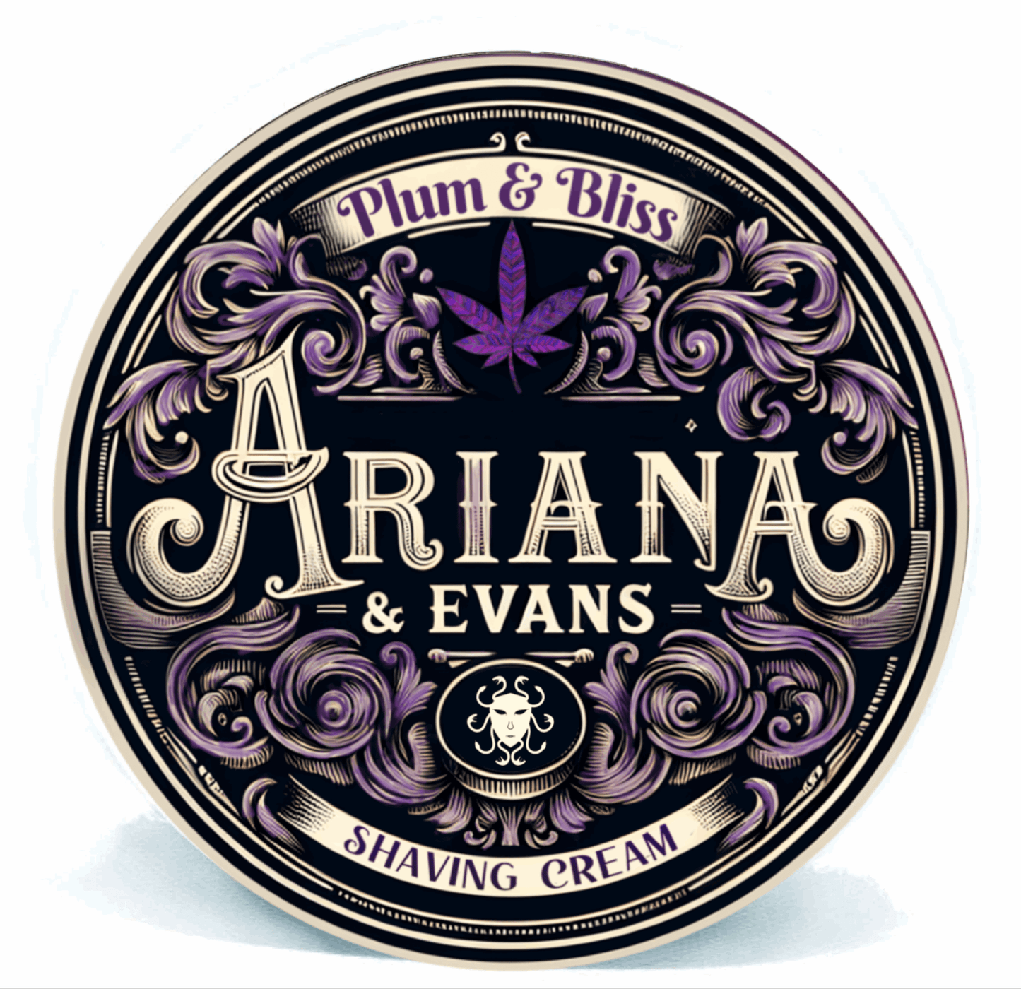 Plum & Bliss Shaving Cream by Ariana & Evans featuring a decorative label with floral and cannabis design.