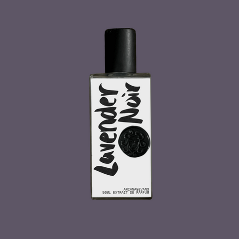 Perfume bottle labeled Lavender Noir by Ariana & Evans on a gray background. Indie Niche fragrances
