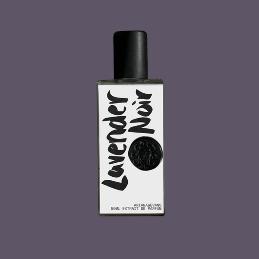Perfume bottle labeled Lavender Noir by Ariana & Evans on a gray background. Indie Niche fragrances