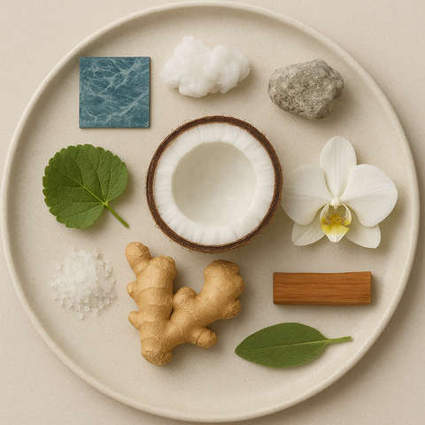 marine notes, ozone, mineral notes, violet leaf, fresh coconut, orchid, sea salt, ginger, sage, Indonesian Vetiver, sandalwood & cedar.