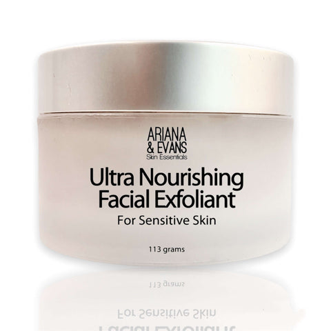 A jar of Ultra Nourishing Facial Exfoliant for sensitive skin by Ariana & Evans, Skin Essentials. The jar is white with a silver lid and the product weight of 113 grams is indicated.