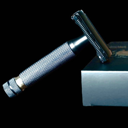 B1 Lancer Razor angled on a box, showcasing its sleek design and butterfly style for comfortable shaves.